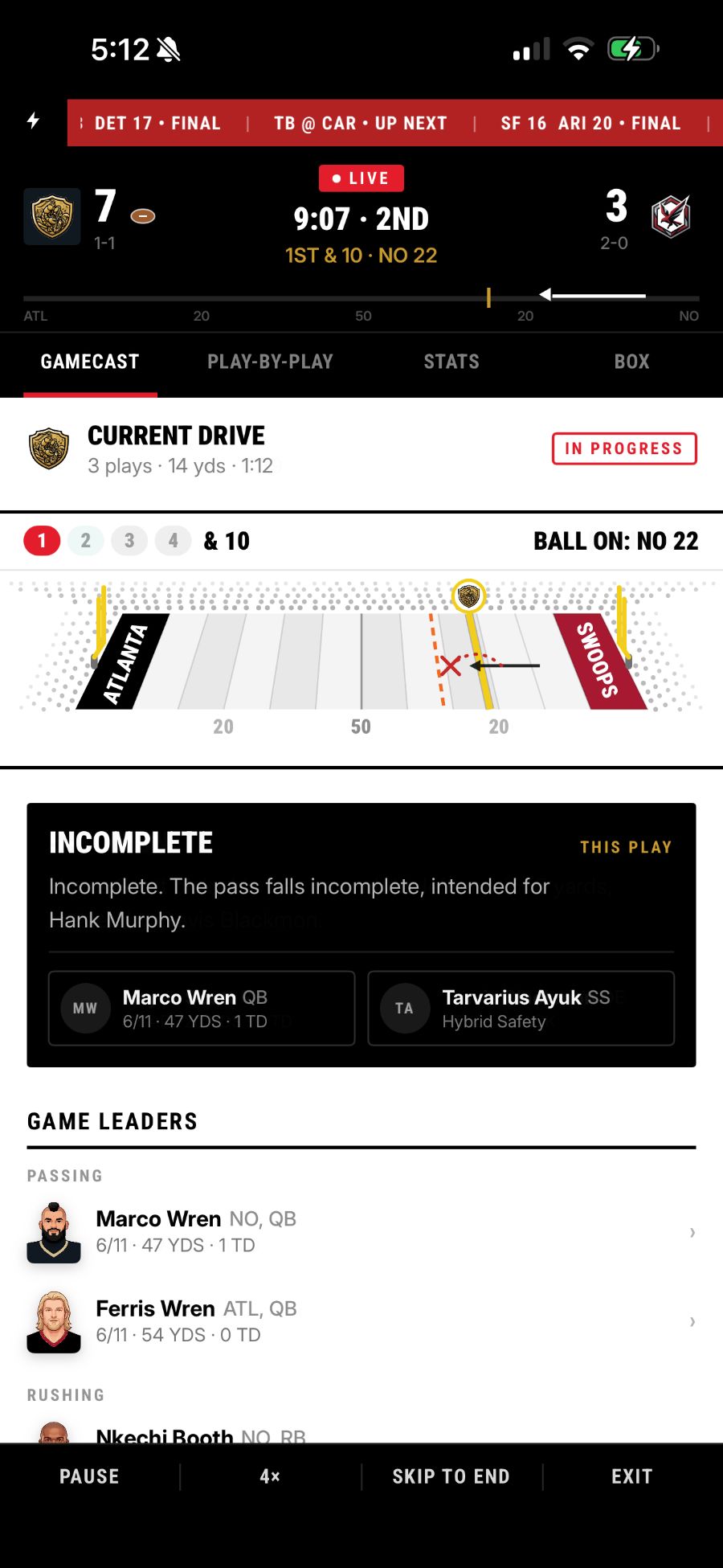 Live Gamecast — the field mid-play with the gold spot line and down pills